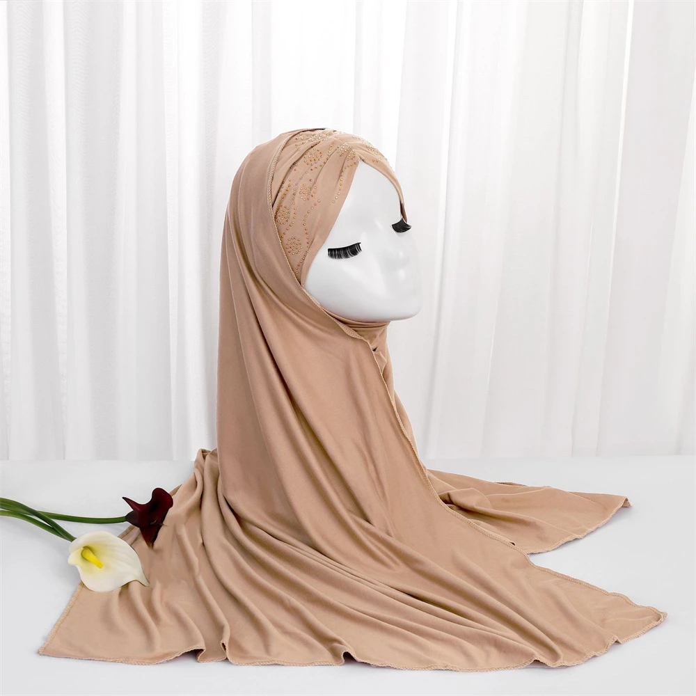 

Трикотажный мгновенный хиджаб с галстуком, мусульманские Модные женские головные шарфы, цельный головной платок Amira, однотонный Рамадан, мусульманский тюрбан