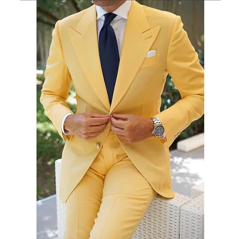 

Yellow Prom Men Suits Slim Fit Peaked Lapel Wedding Groom Tuxedos Latest Design Fashion 2 Piece Jacket With Pants 2023