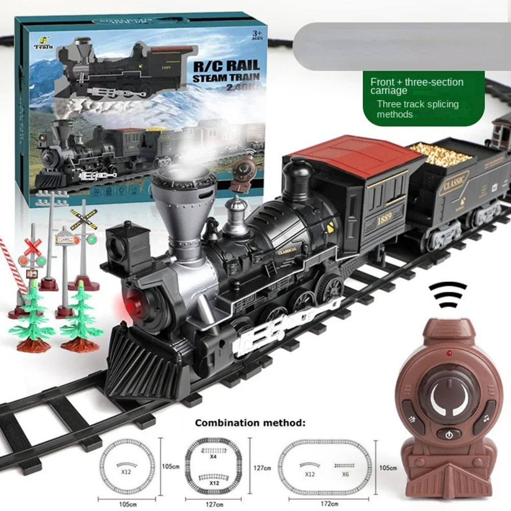 Electric Train Toy Remote Control Smoking Locomotive Rails Assemble DIY Tracks Set Children