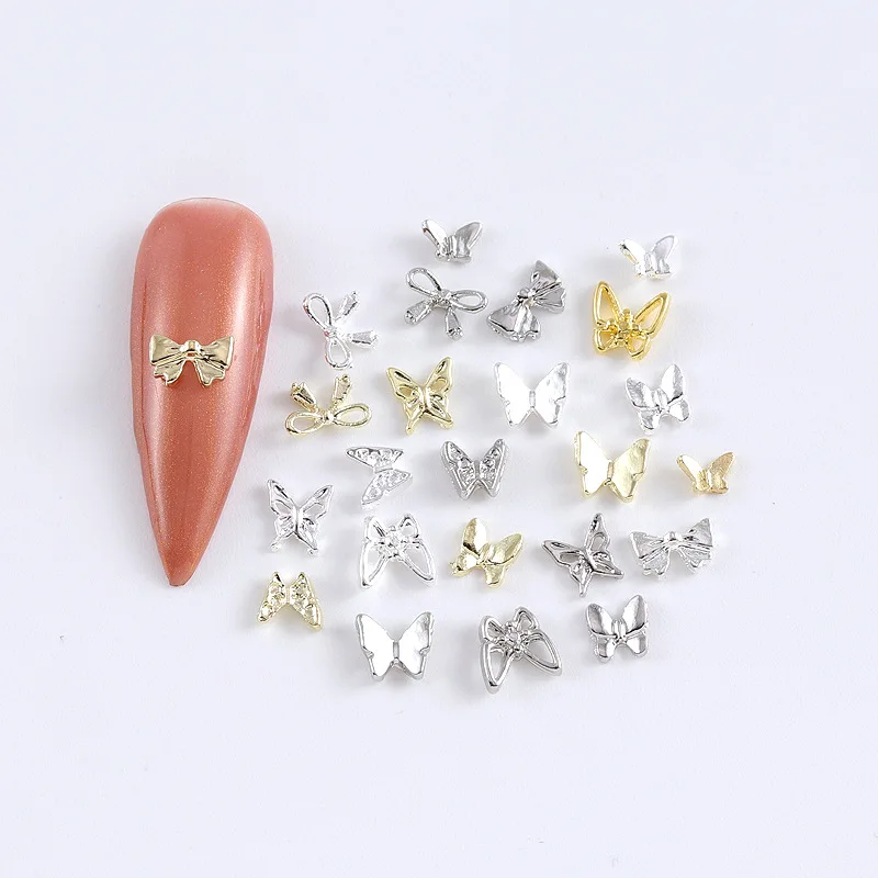 10Pcs 미니 실버 골드 합금 나비 네일 매력 3D Bowtie 부품 금속 매니큐어 액세서리 레트로 네일 아트 장식 용품