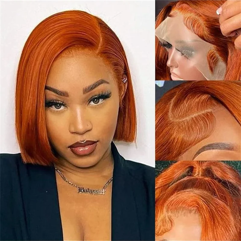 

Bob Orange Ginger Lace Front Wig Human Straight Hair 180% Density Brazilian Natural Remy Pre-Plucked For Women Baby Hair