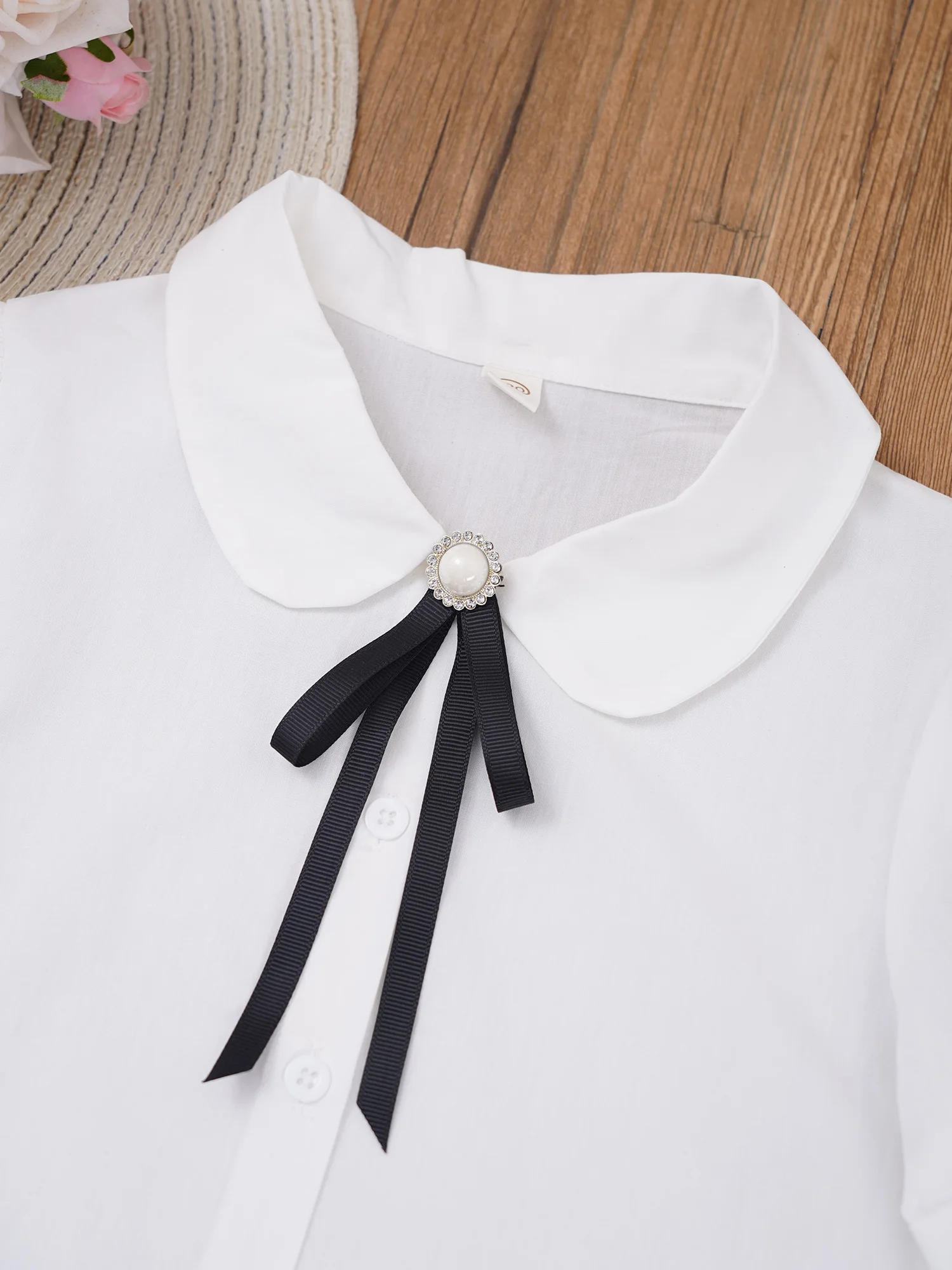 Kids School Girls Fashion Shirt Short Sleeve Casual Solid Color Turn-Down Collar Bowknot Blouse