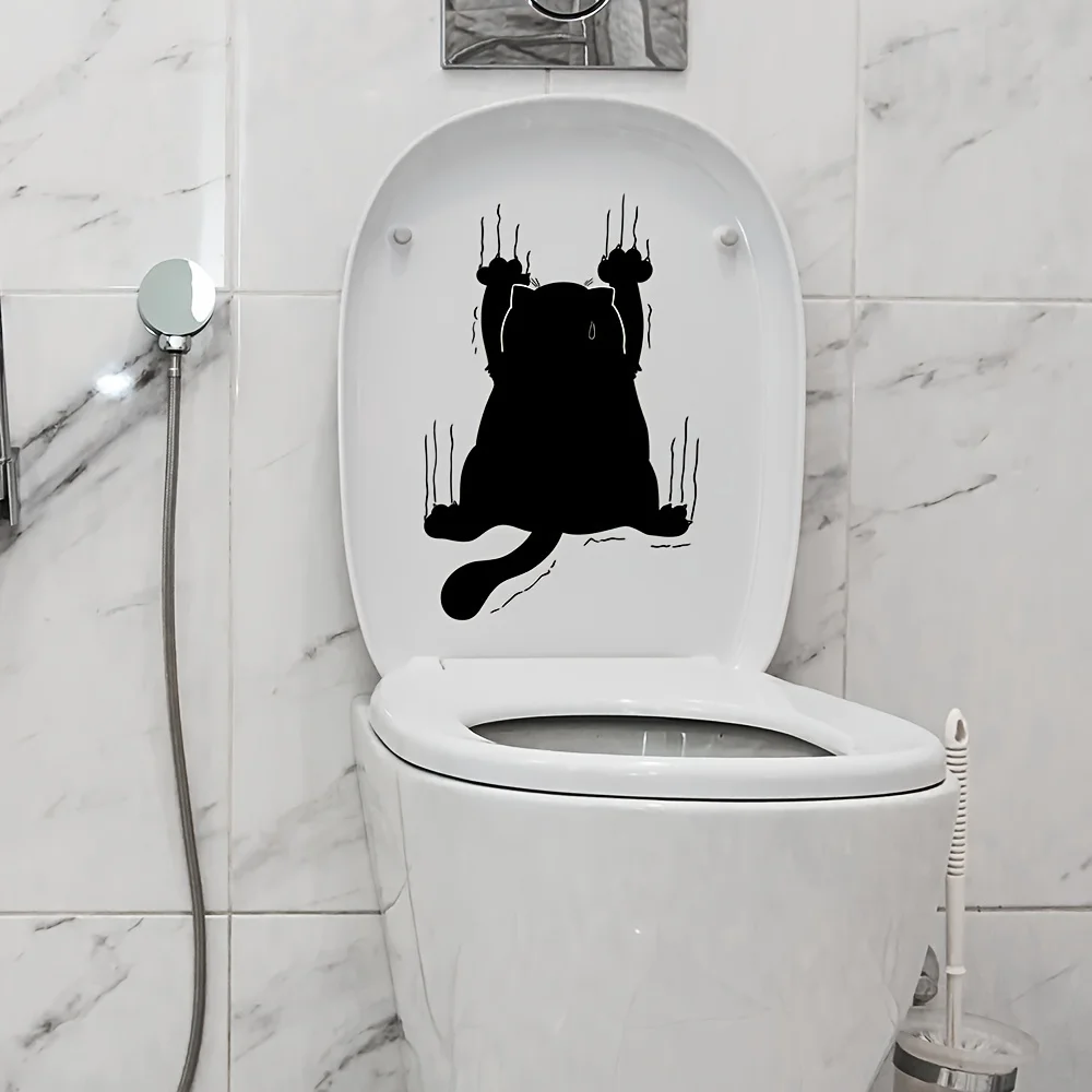 Lucky Cat Funny Black Cat Scratches Toilet Stickers Decorative Bathroom Decals Wall Stickers Self Adhesive Waterproof Home Decor toilet stickers toilet wall stickers toilet seat stickers