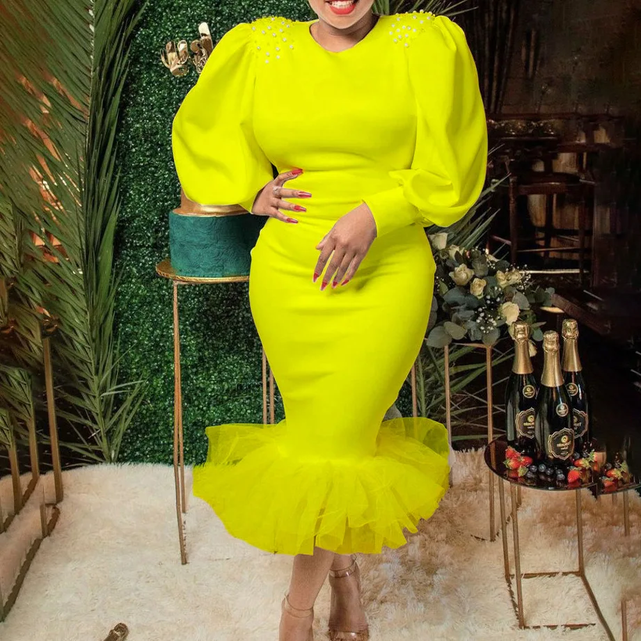 

Women Party Dress Lantern Sleeves Beading High Waist Patchwork Mesh O Neck Slim Elegant Classy Female Elastic African Packag Hip