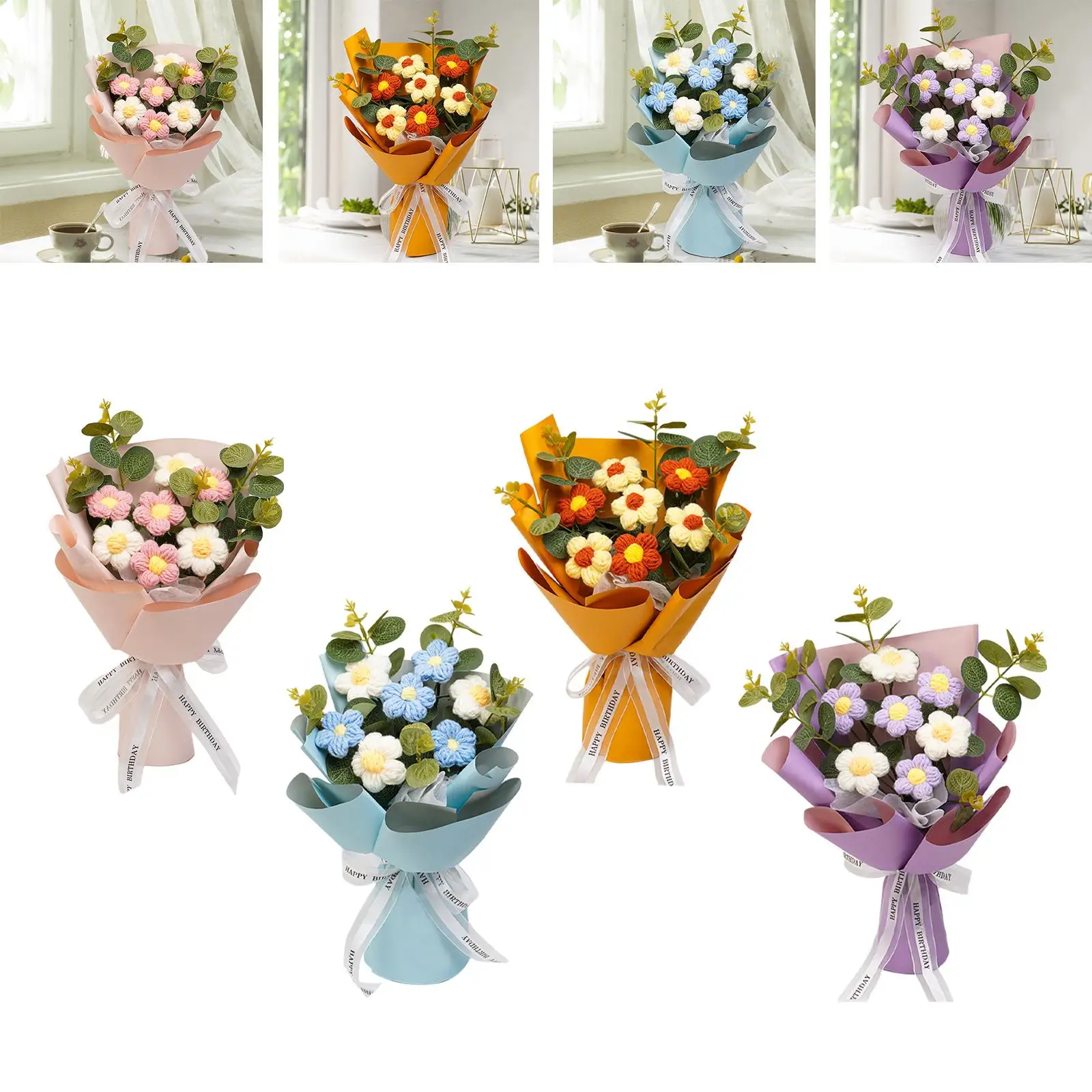 Crochet Flower Bouquet Mother Day Gift Versatile Floral Arrangements Hand Woven Bouquet for Desktop Party Wedding Home Gift
