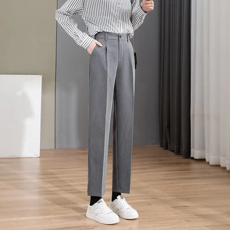 2024 New Summer Casual Loose Oversize Minimalist Commuting High Waisted Slimming Pocket Solid Color Versatile Cropped Pipe Pants