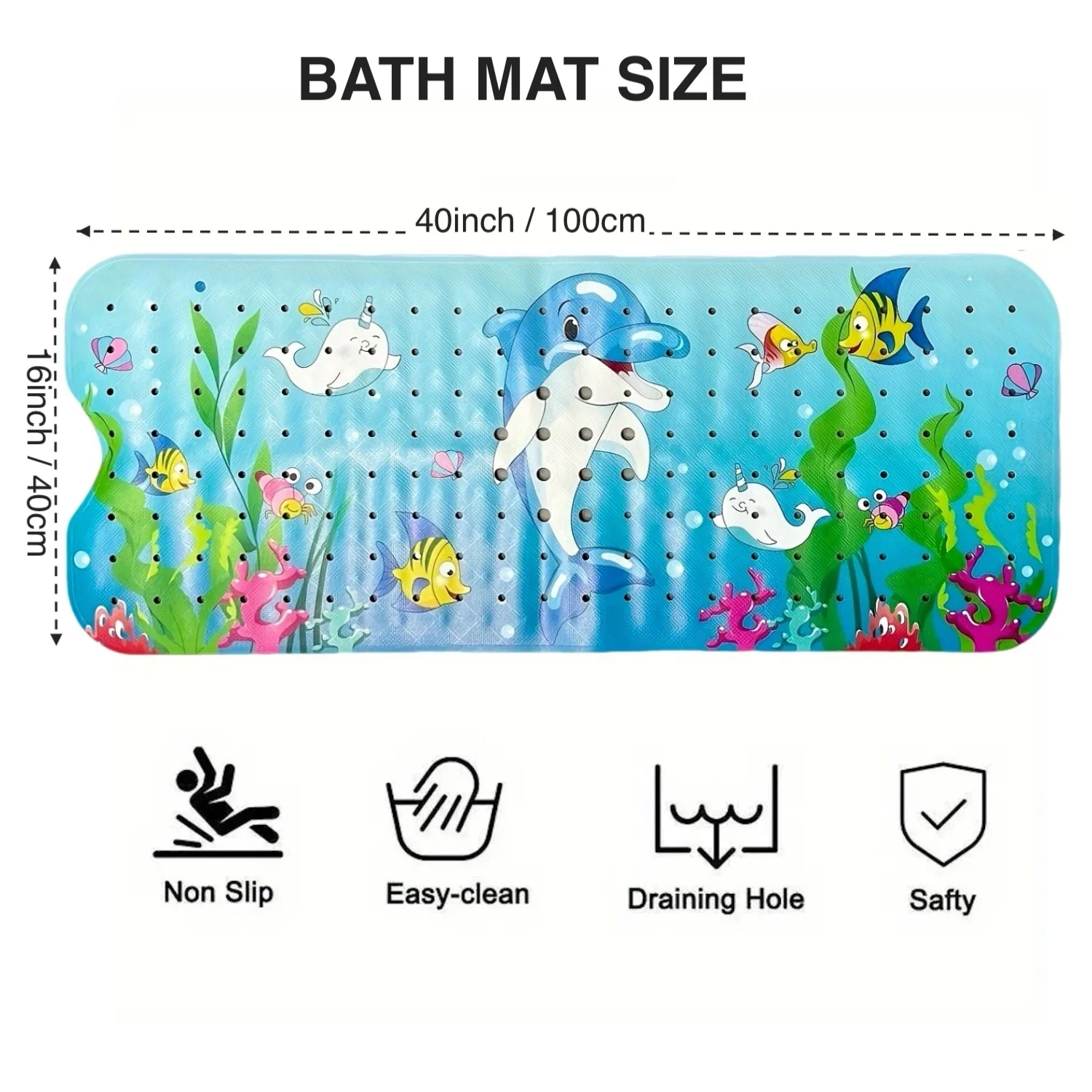 Extra Long Non-Slip Cartoon Bath Mat with Secure Suction Cups & Drain Holes