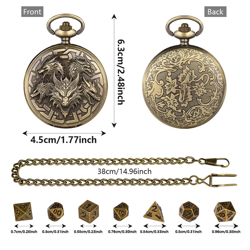 Antique Dragon Head Pocket Watch Case FOB Chain 7pcs Metal Polyhedral Dice Set Entertainment Accessory for Role Play Gaming