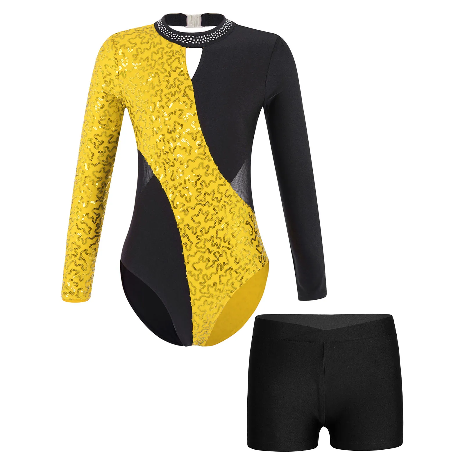 

Kids Girls Gymnastics Leotards Ballet Dance Costume Long Sleeve Shiny Sequins Contrast Color Patchwork Leotard Bodysuit+Shorts