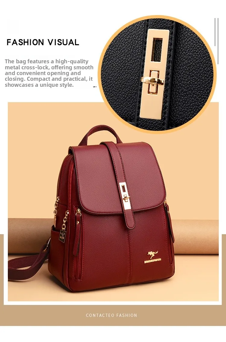 حقيبة ظهر نسائية من الجلد الناعم ذات سعة كبيرة، حقيبة أمي عصرية على طراز الشارع، حقيبة كتف مزدوجة، كاجوال للسفر مقاومة للماء