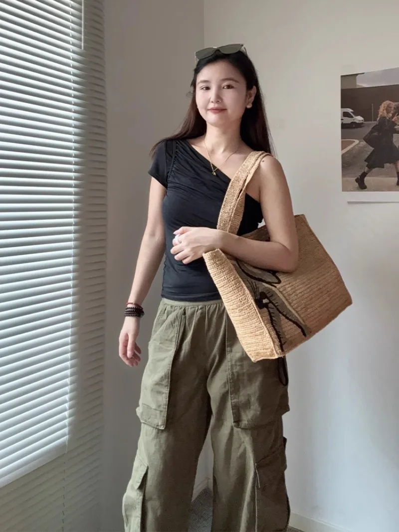 Casual Woven Messenger embroidery Shoulder Bag Summer Beach Handbag Lafite Women Large Capacity Straw Weave Leisure Travel Bag