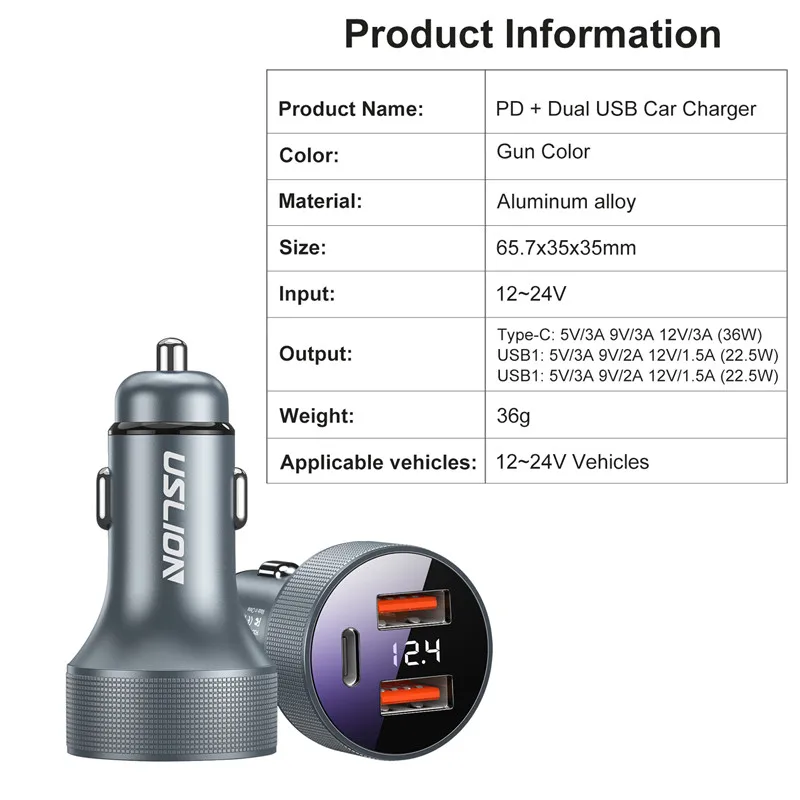 USLION USB Car Charger QC 3.0 80W 5A Type C PD+QC Fast Charging Car Phone Charger Adapter For iPhone Xiaomi Samsung Mobile Phone