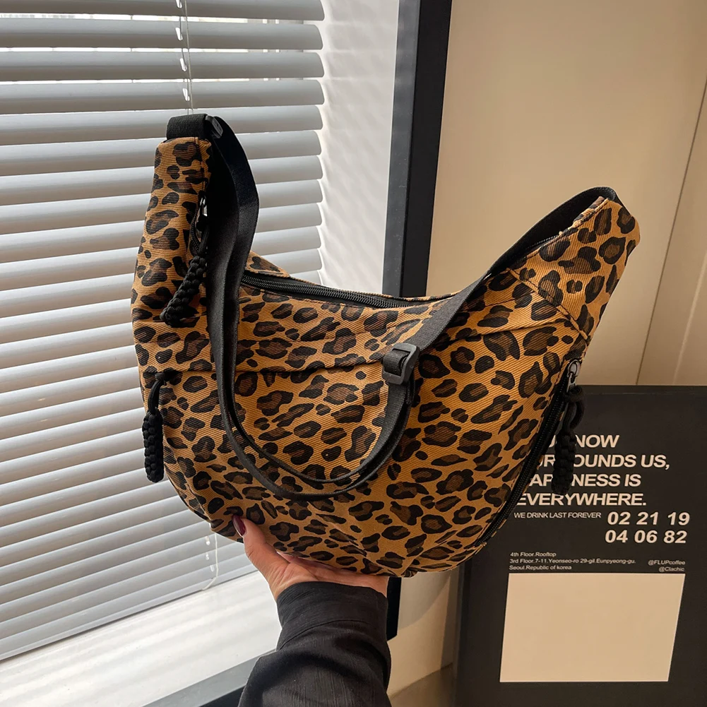 Women Crescent Crossbody Bag Large Capacity Leopard Print Daily Messenger Bag Adjustable Strap Half Moon Bag Simple Satchel Bag