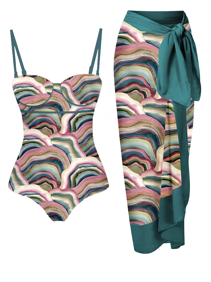 

Fashion Cloud Print Vintage One Piece Resort Casual Relaxation Slim Tight Green Swimsuit And Cover-up 2023 Women Summer Newest