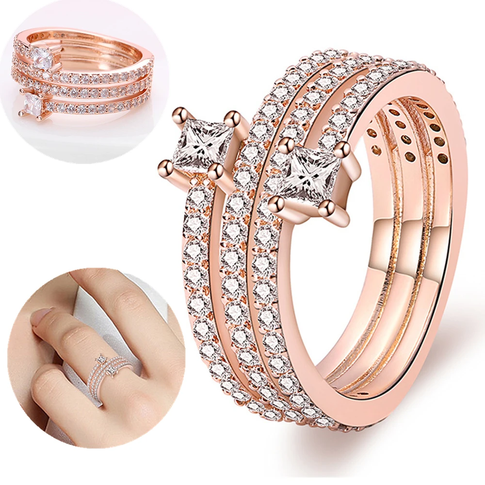 Silver Ring 925 Rose Gold Plated Zircon Sparkling Princess Wishbone Heart Women Jewelry