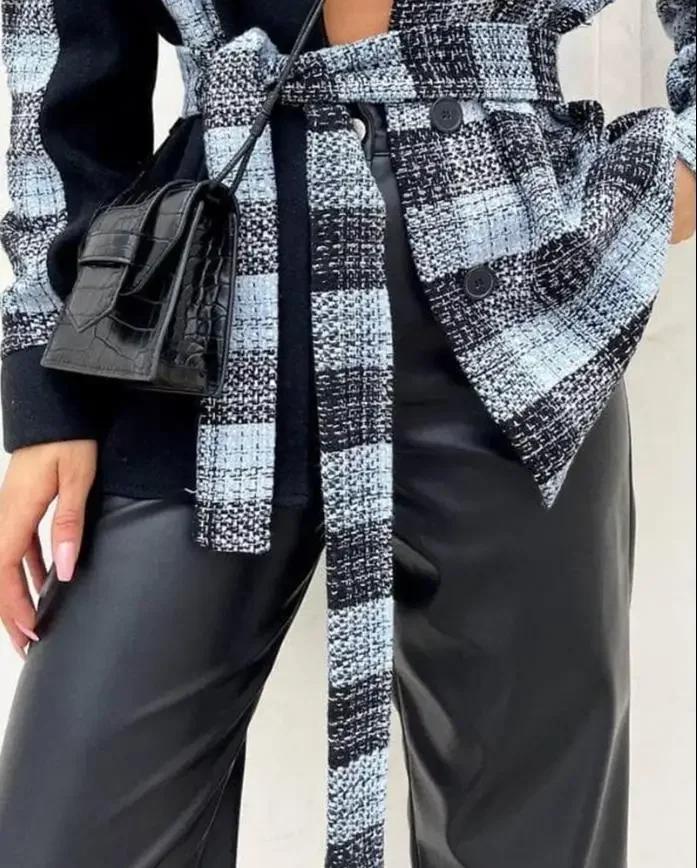 Print Women Jacket Fashion Turn-down Collar Long Sleeve Plaid Colorblock Button Front Casual Shacket with Belt 2024 Summer New