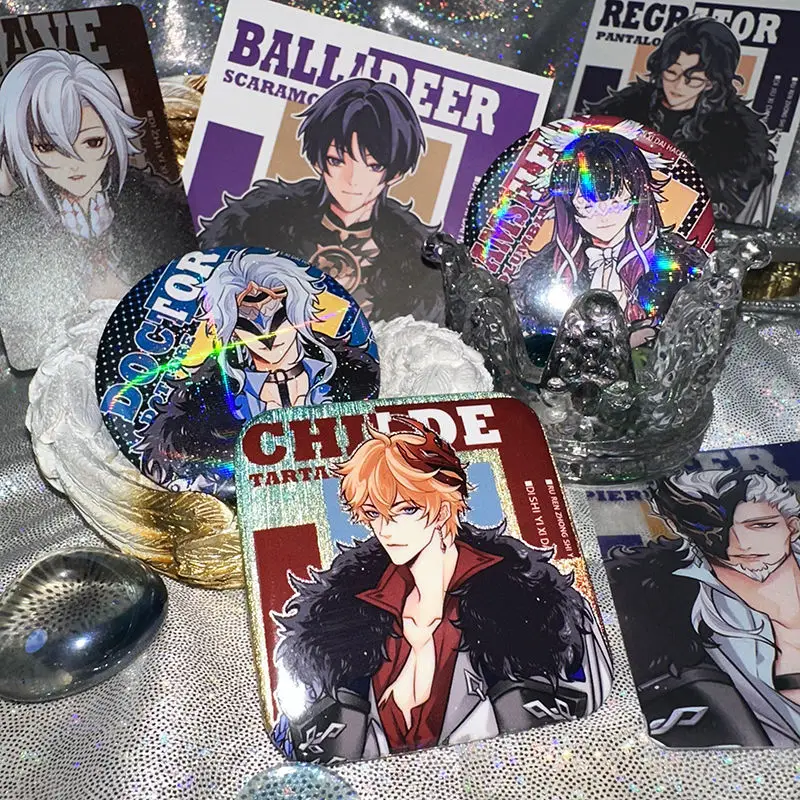 Gioco Genshin Impact Fatui Harbingers Arlecchino Original 3 Pz/Set Fan Works Square Card + Trasparente Card + Circle Badge Fans Gifts