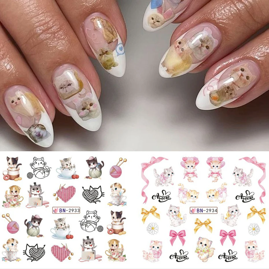 12pcs Cute Cat Nail Water Sticker Kawaii Anime Watercolor Design Foil for Nail Decals Cartoon Watermark Transfer Manicure Slider 4