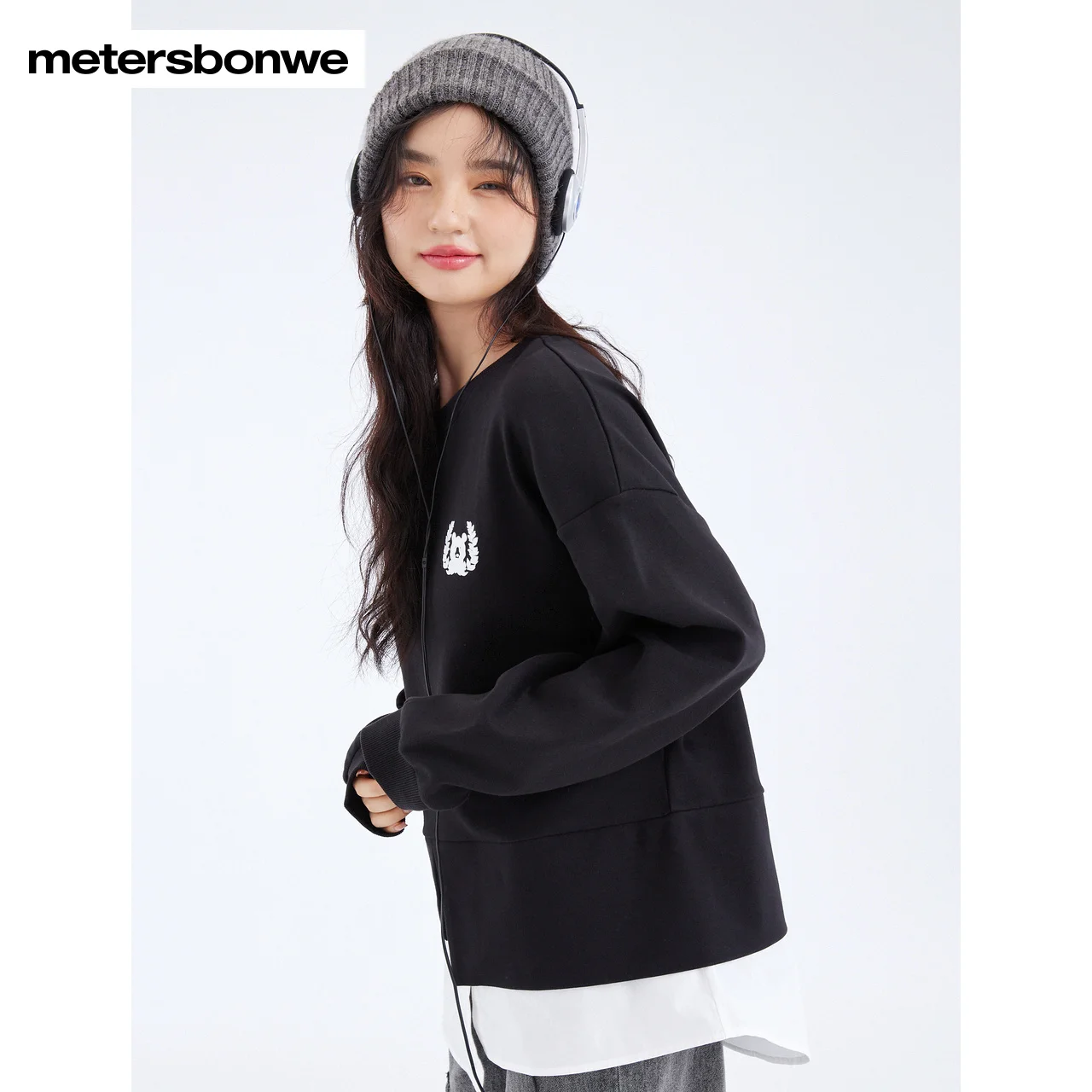 Metersbonwe Women's Fashion Irregular Splicing Pullover 100% Cotton  Preppy Style Sweat Shirt Print Loose Spring Autumn Tops