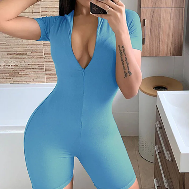 

Women's Sexy Solid Zipper Skinny Jumpsuits Shorts Summer Short Sleeve Round Collar Gym Sports Casual Rompers One Piece New Style