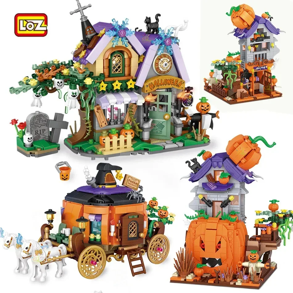 

LOZ Halloween Scene Villa Pumpkin House Model Carriage Assembled Building Blocks Holiday Exquisite Home Decor For Kids Gift Toys