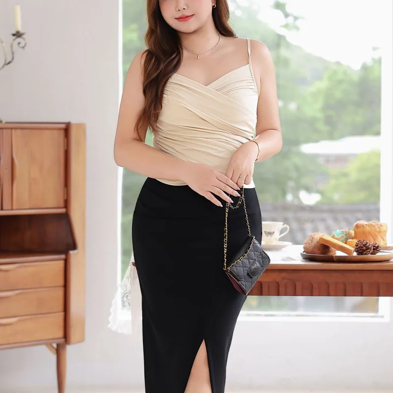 Pleated Cross-Shaped V-neck Knitted Camis Plus Size Women Premium French Hot Girl Spaghetti Strap Modal Slim Tops