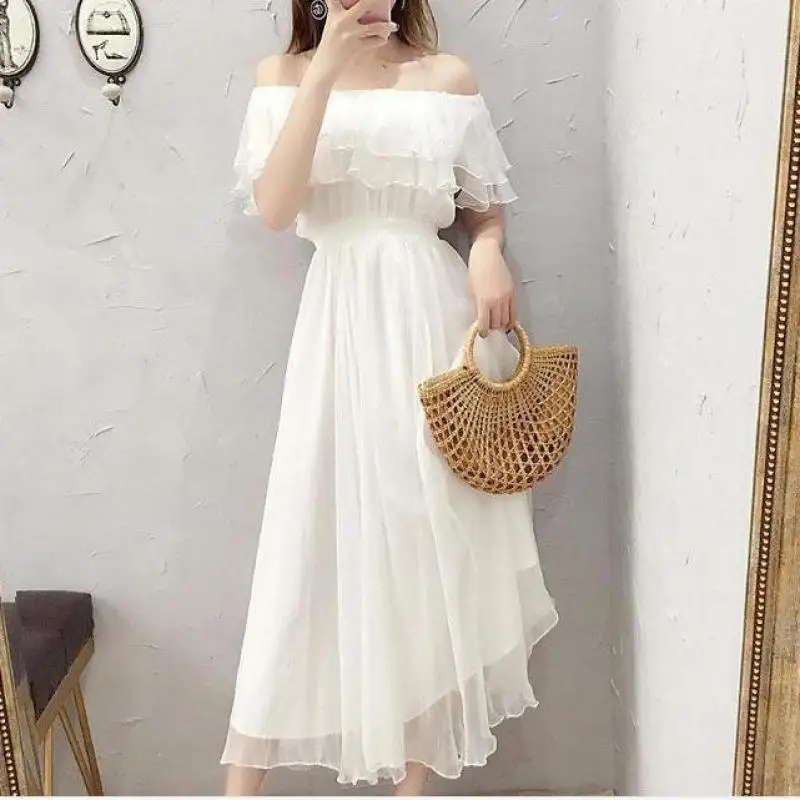 White Chiffon Casual Beach Long Sundress Women Vintage ElegantMidi Dress  Short Sleeve Night Dress