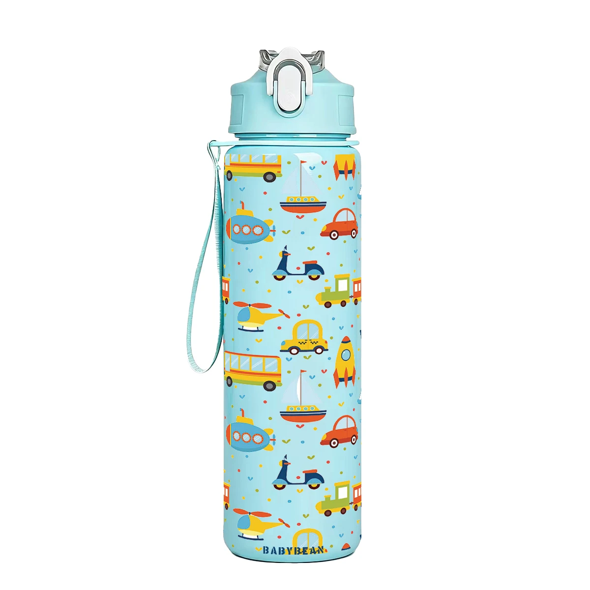 Cartoon Transport Vehicle Print Leakproof Water Bottle with Flip Straw and Lanyard - 750ml