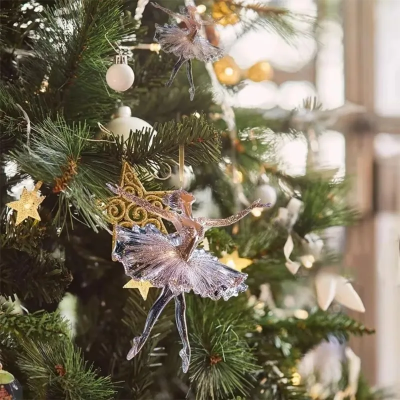 Crystal Clear Acrylic Ballerina Ornaments-Transparent Ballet Dancer Christmas Tree Pendants with Glitter Accents,Elegant Hanging