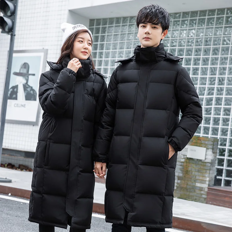 New Hooded Fashion Solid Color Men's Outdoor Work Clothes White Duck Down Down Jacket Couples Long Warm Coat