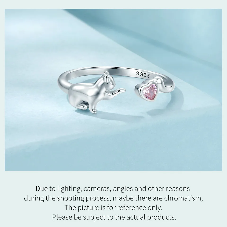 Sterling Silver Cat Open Ring With Pink Zircon Adjustable Kitty - PeticaDeals