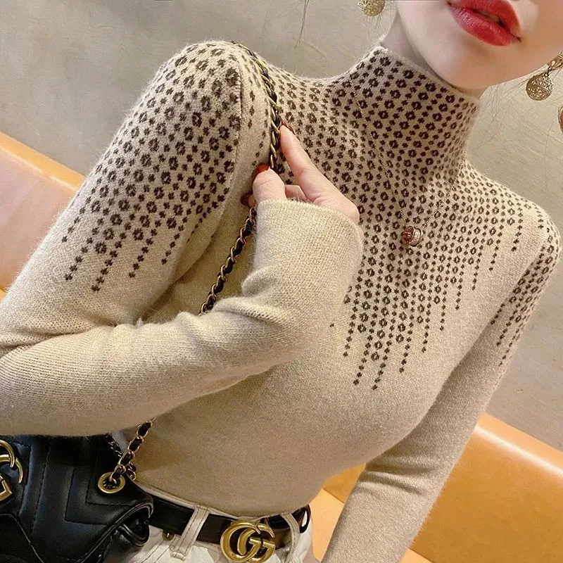 

2023 New Autumn Winter Half High Collar base Knitted Sweater For Women's Clothing Stylish Long Sleeve Knit Pullovers 103