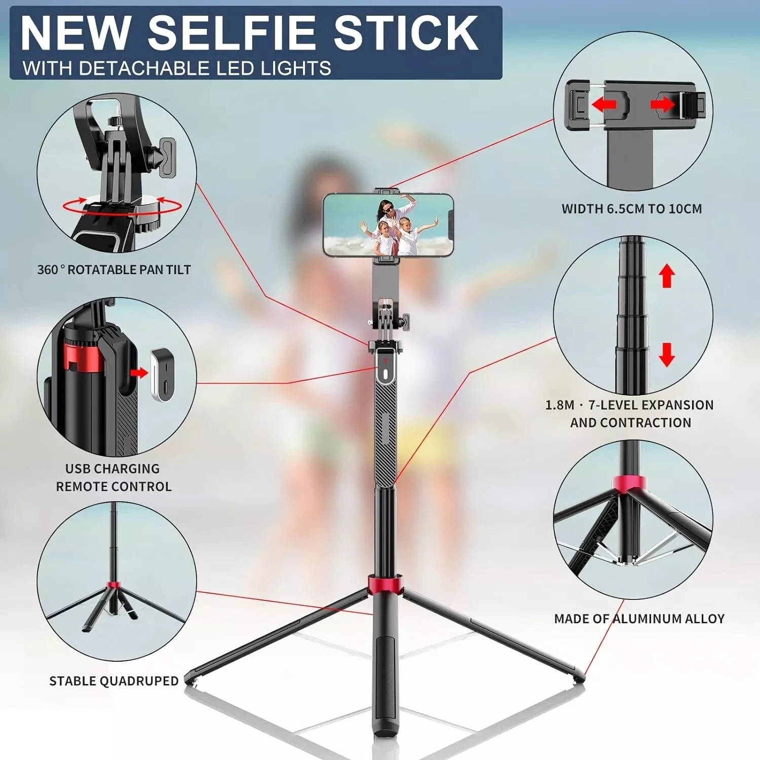 180cm Aluminum Alloy Selfie Stick Portable Travel Tripod, Rechargeable Remote Control, 360&deg; Rotation for Mobile Phone and Camera