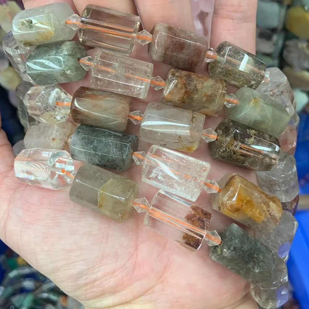 

Natural Mixed Rutilated Quart Beads 15'' Faceted Column Barrel DIY Loose Beads For Jewelry Making Beads Necklace Bracelet Gift