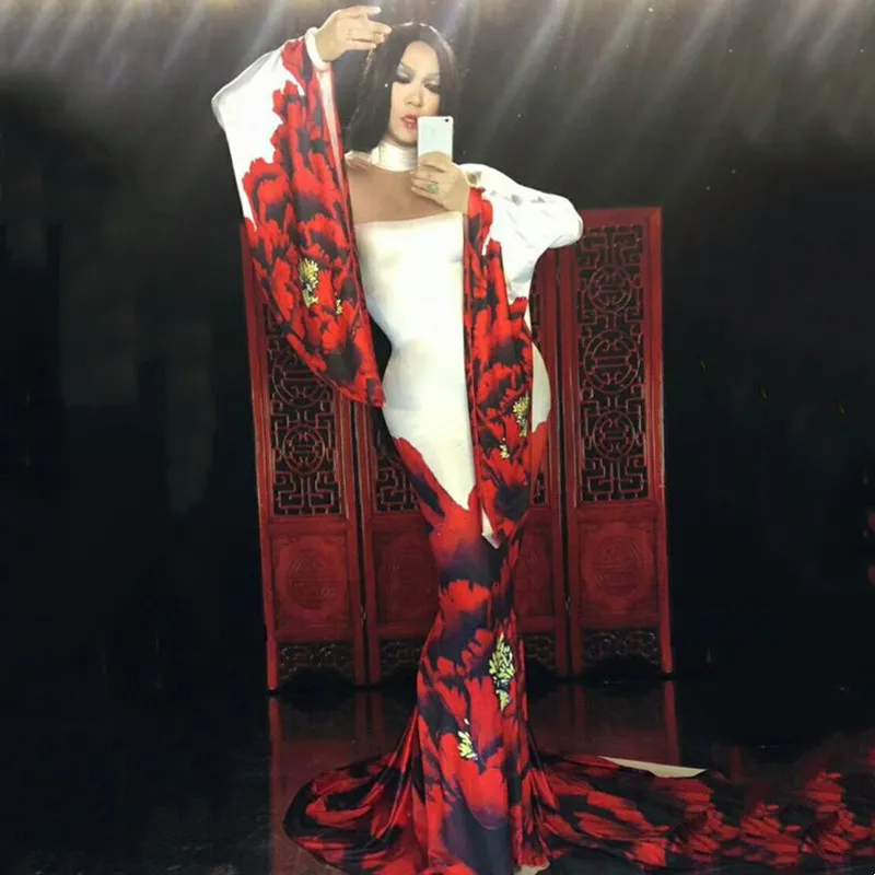Vintage Stage Performance Costume Red Floral Print Trailing Long Dress Women Birthday Party Evening Celebrate Performance Outfit