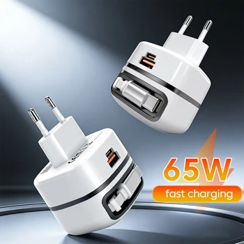 Caricabatterie rapido da 65W USB Type-C con cavo Type-C retrattile per ricarica rapida per iPhone 16 Samsung Xiaomi Huawei
