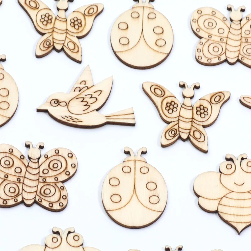 20pcs Mix Ladybug/Bee/Bird/Butterfly Wooden Slices Embellishments Wood DIY Crafts Scrapbooking For Handmade Home Decor Supplies