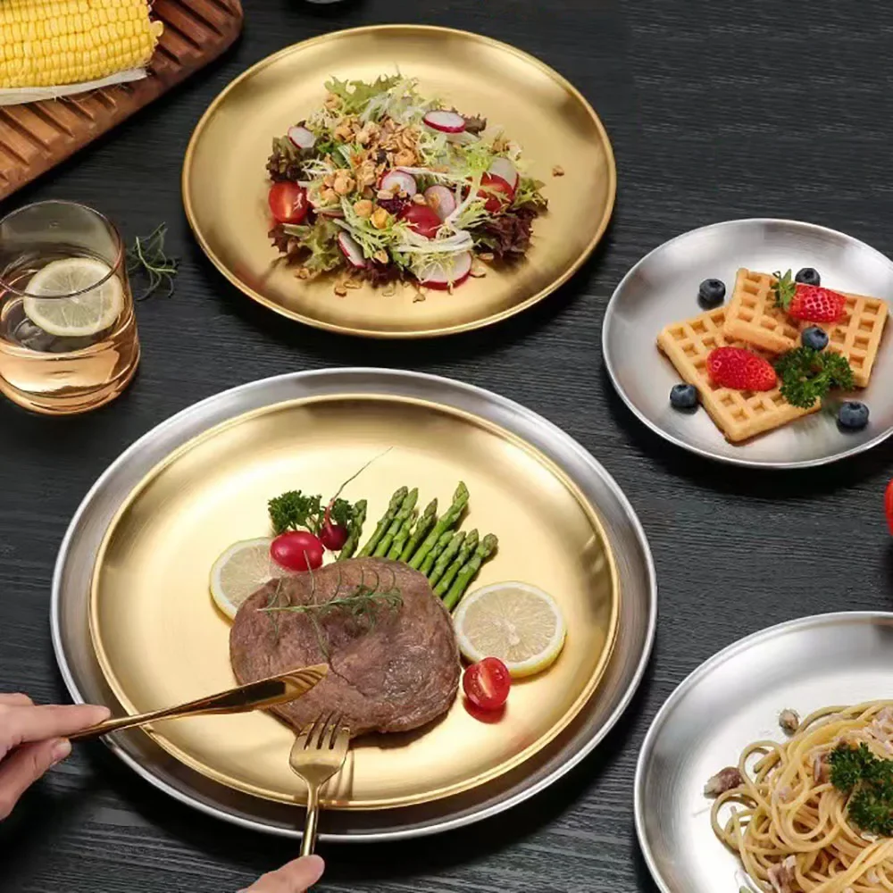 Dining Dish 8PC Metal Stainless Steel Round Plate Shallow Tray 14/17/20/23/26cm BBQ Picnic Camping Food Container Tableware Set