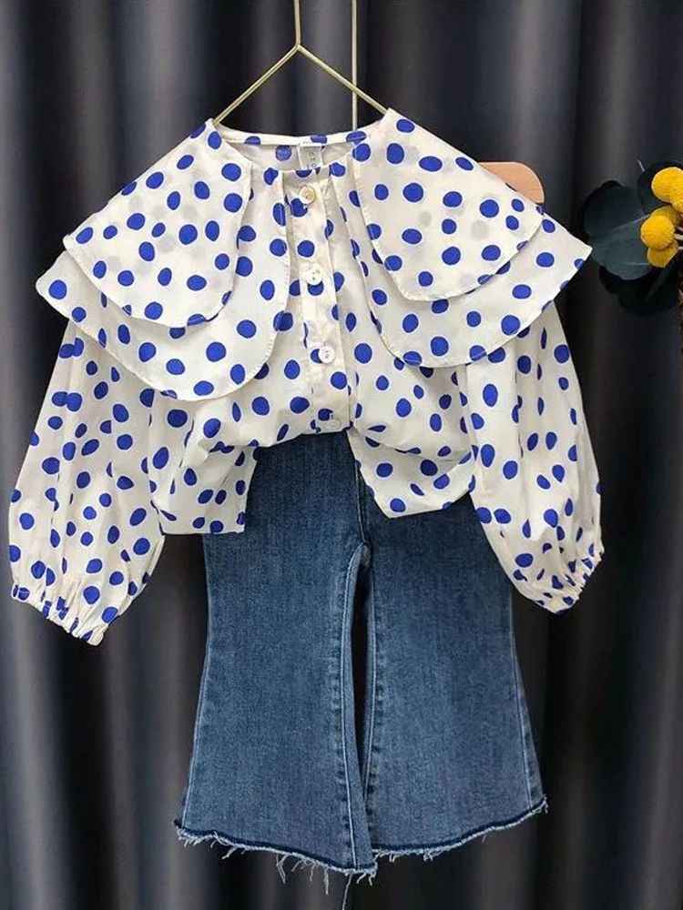 

Girls' Spring And Autumn Clothing 2023 Suit Children's Long-sleeved Top Girls' Denim Wide Leg Pants Two-piece Baby Girl Clothes