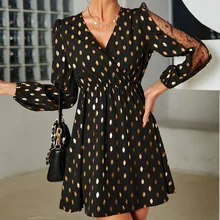 Robe courte en dentelle à pois pour femmes, tenue élégante, col en v, couleur or, couture, taille haute, Slim 