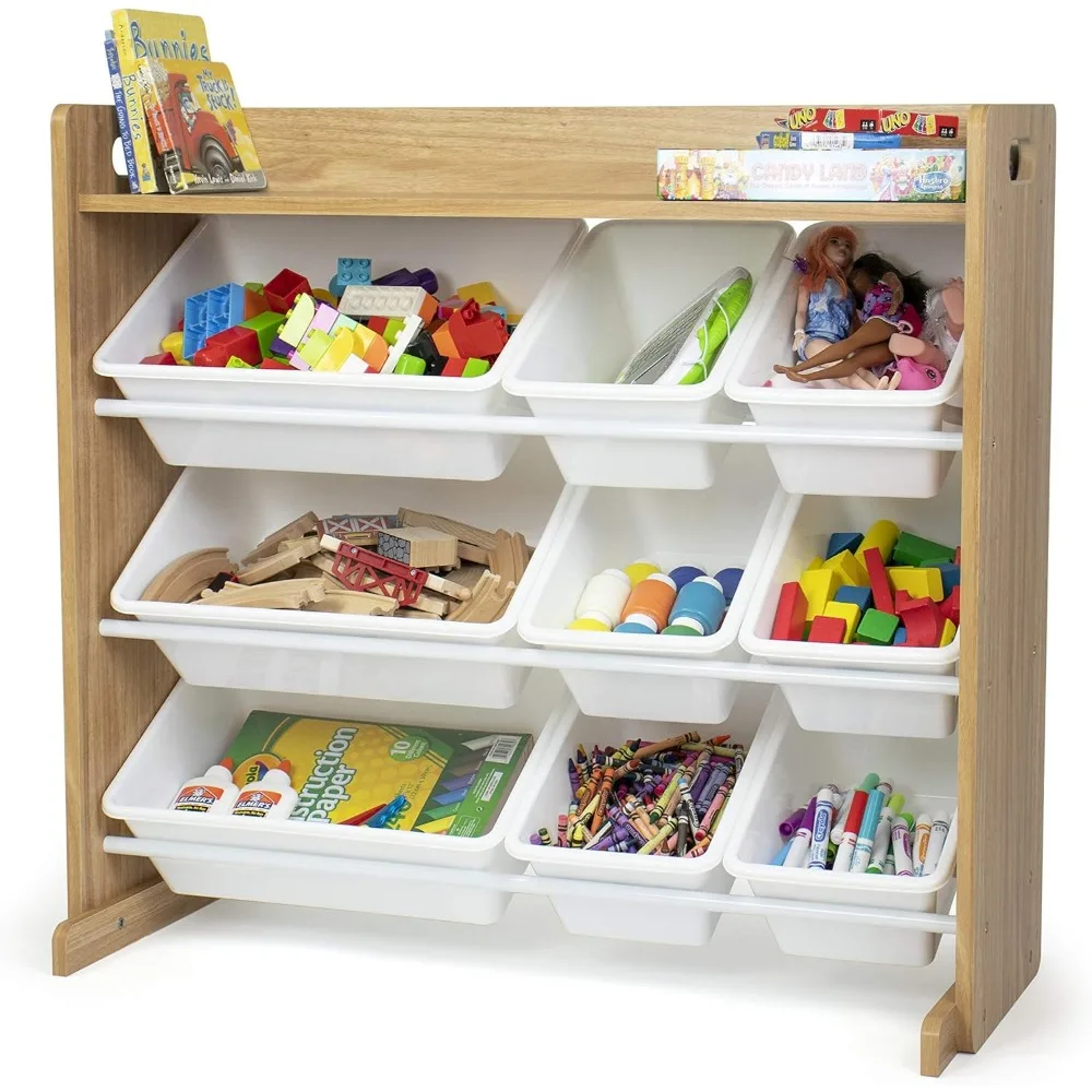 Toy Storage Organizer with Top Shelf and 9 Removable Bins, Natural/White Bookshelf 4