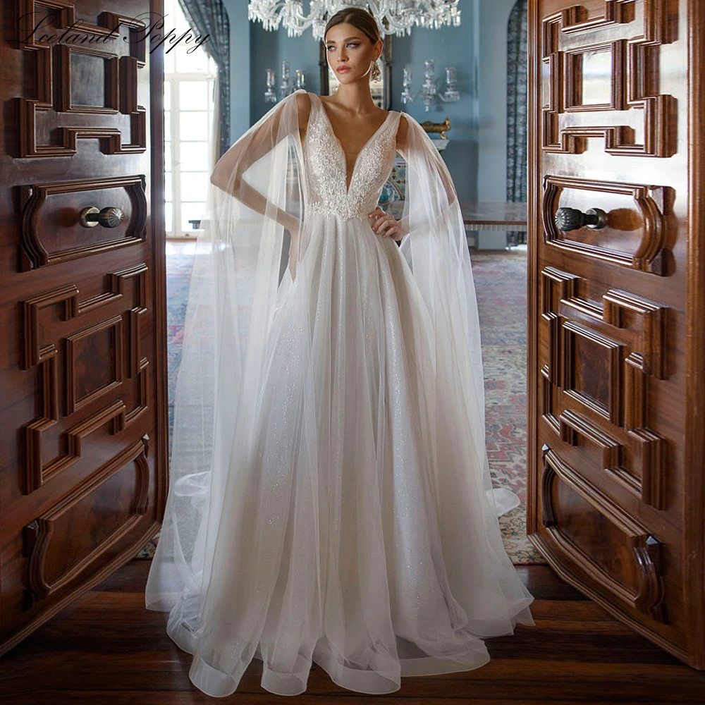 

Lceland Poppy Sexy A Line V Neck Glitter Tulle Wedding Dresses Floor Length Sleeveless Bridal Gowns with Court Train