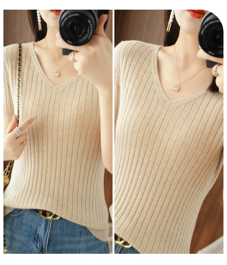 New Ladies Spring Summer Cashmere  Sweater Short sleeve V-Neck Pullover Vertical Striped Knitted Short sleeve Sweater Slim-Fit cardigan