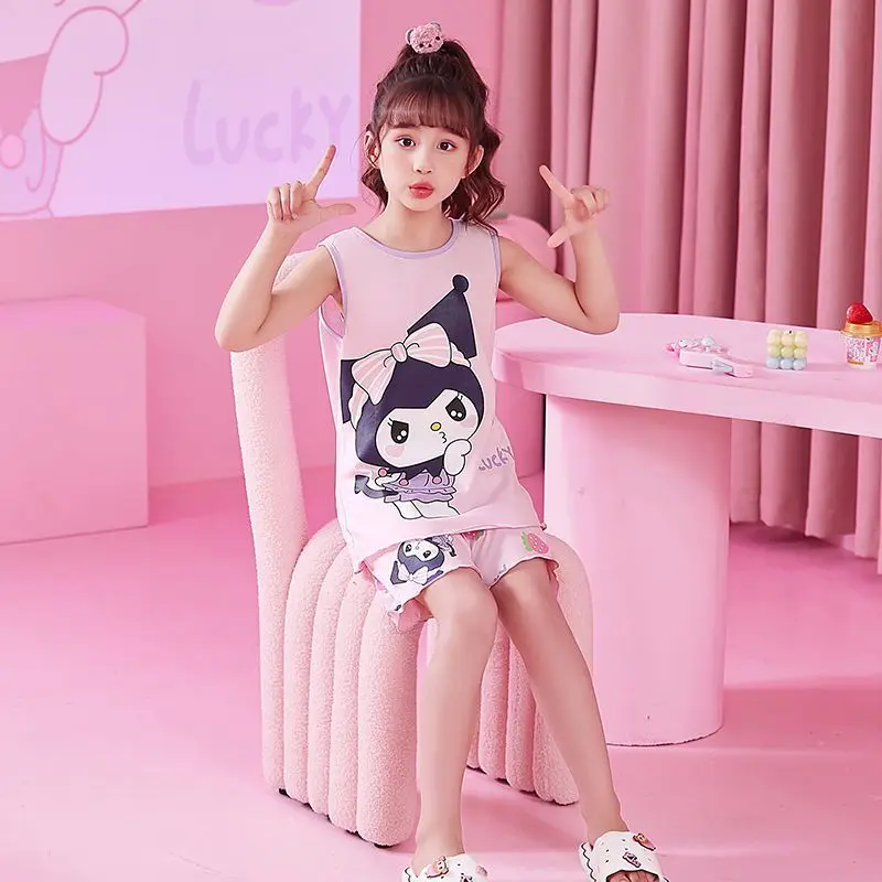 

Girly Heart Kawaii Hello Kitty My Melody Anime Short Sleeve Pajamas Children Cute Kuromi Sleeveless Shirt Pants Cloth Gifts