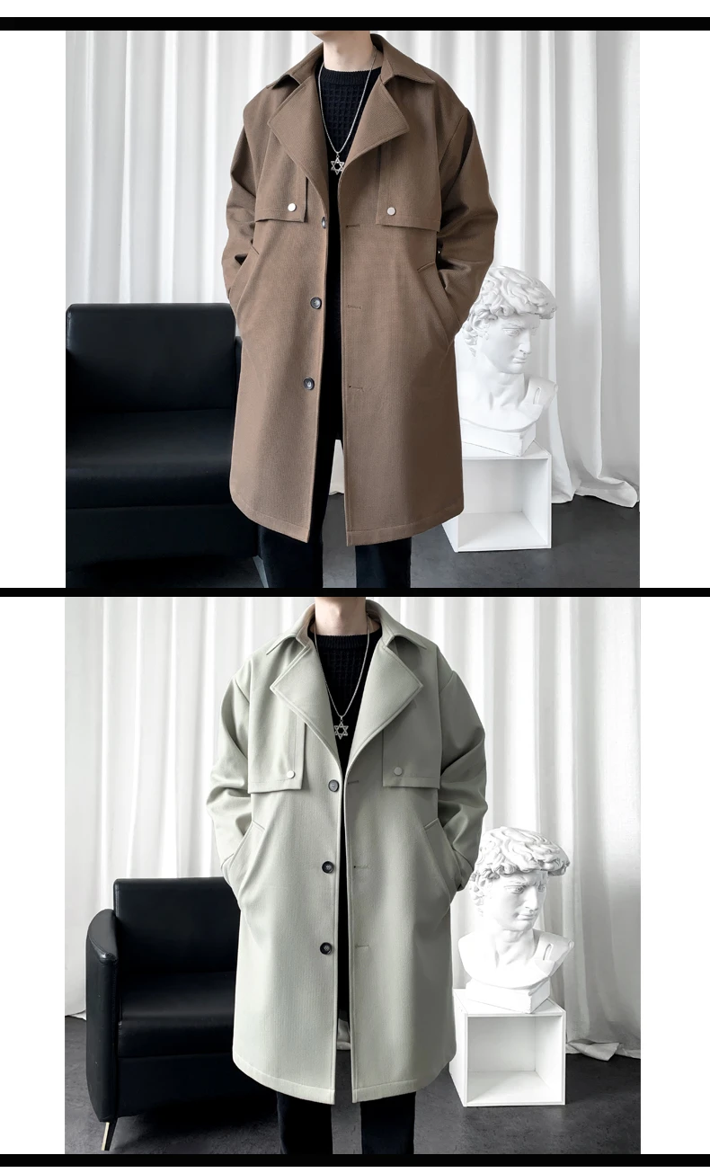 Description Picture 5 of itemAutumn and Winter New Solid Color Men's Medium-length Tweed Coat Fashion Trend Casual Youth Lapel Warm Coat