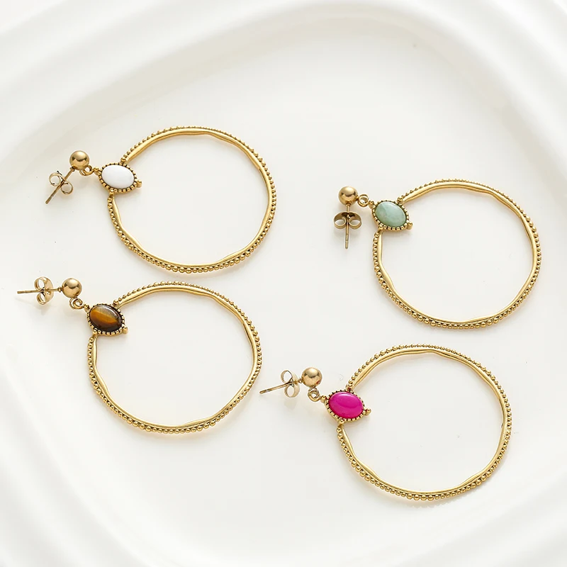 

Oval Circle Natural Stone Hoop Earrings For Women Trendy Gold Plated Brass Copper Round Drop Earring Fashion Jewelry Party Gift