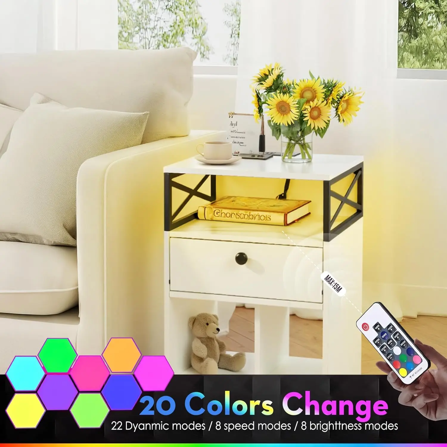 Night Stand with Charging Station and LED Light, End Table with 1 Drawers and Storage Shelf, Bedside Table with 2 USB Ports