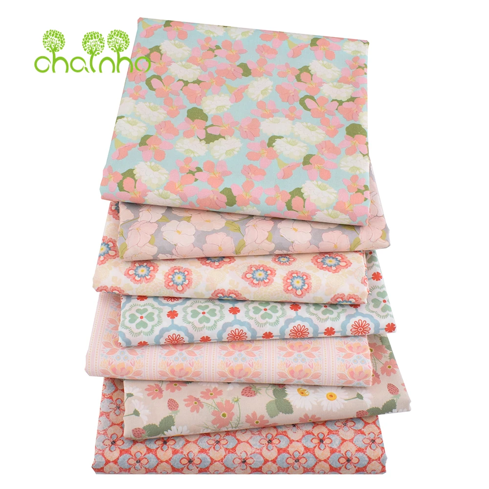 Chainho,Printed Plain Weave Poplin Cotton Fabric,DIY Quilting Sewing Material,Patchwork Cloth,Floral Series,2 Sizes,15PC219