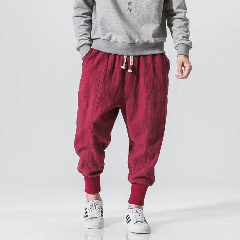 Hip Hop Cotton Harem Pants Men Solid Elastic Waist Streetwear Joggers Baggy Drop-crotch Pants Casual Trousers