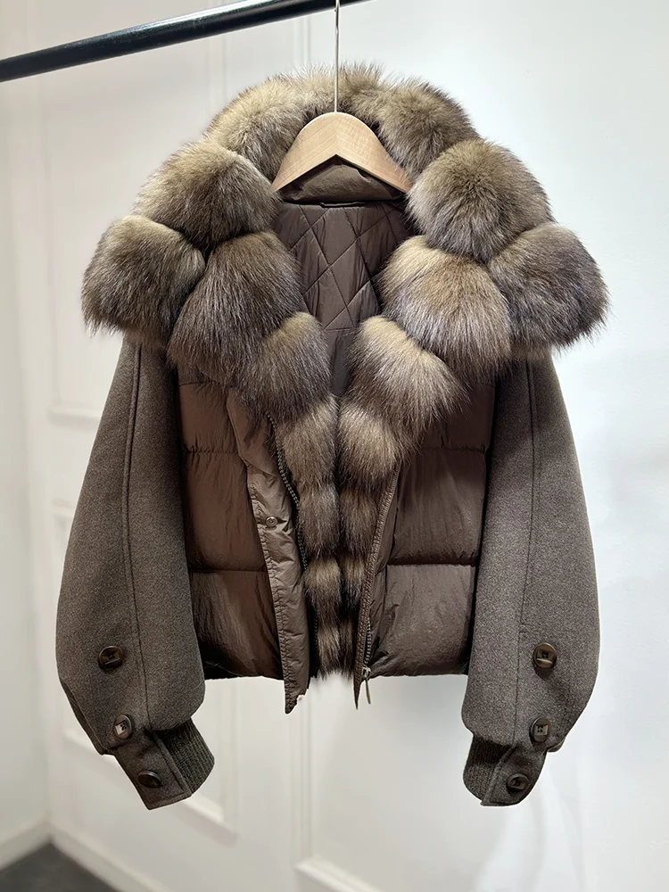 Lagabogy 2026 Natural Real Fur Collar Down Coat Women Thick Puffer Jacket Autumn Winter Loose Patchwork Sleeves Female Parkas